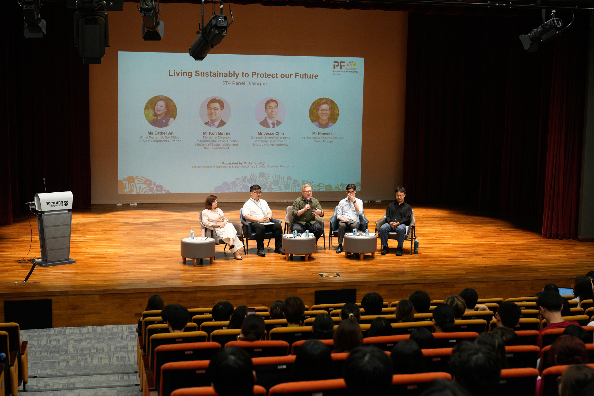 Student delegates attend the ST4 panel dialogue on living sustainably to protect the future at Polytechnic Forum 2026.